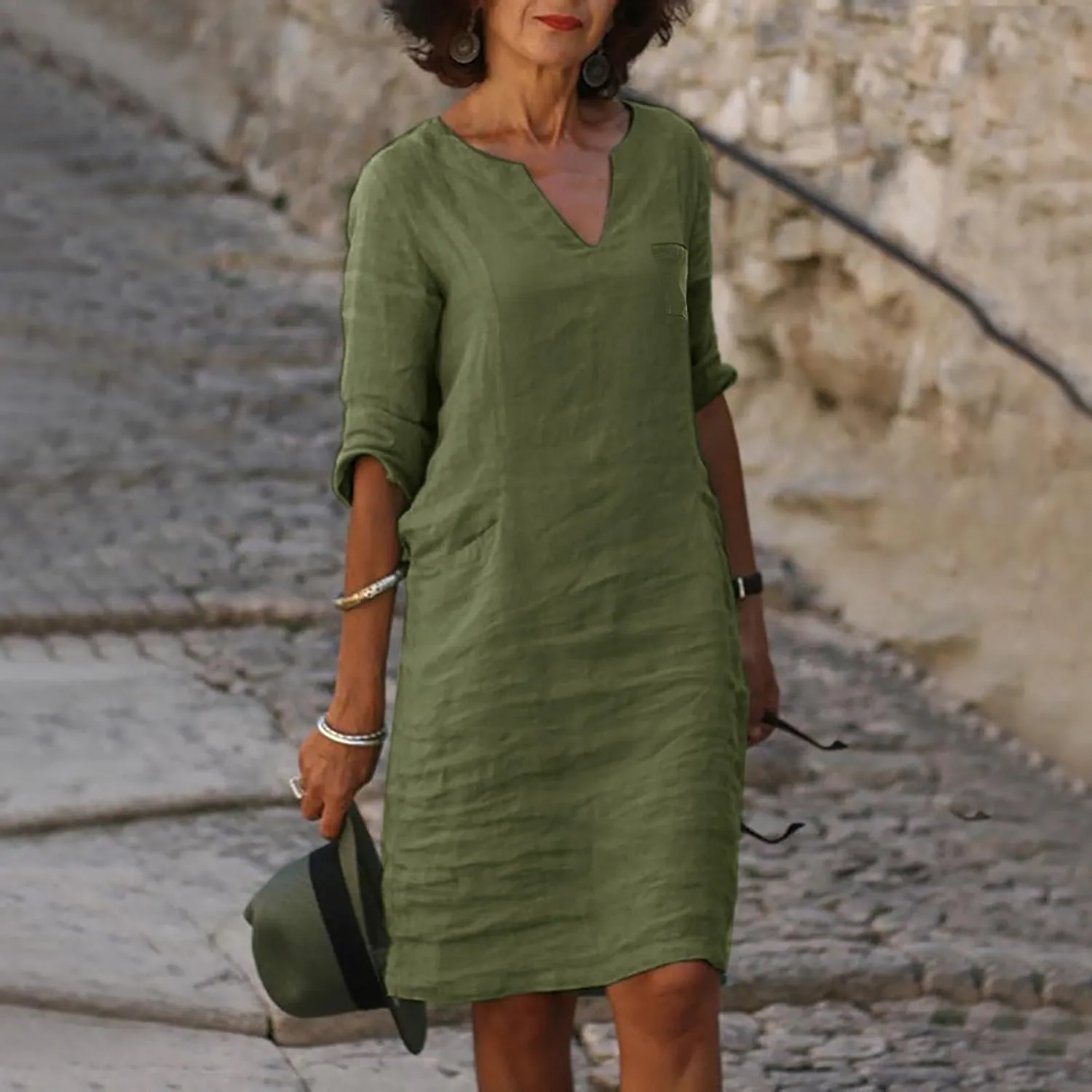 Womens 80% Cotton Dresses, 2024 Spring Summer Elegant Trendy V Neck 3/4 Sleeve Midi Dress, Casual Plain Beach Dress