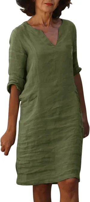 Womens 80% Cotton Dresses, 2024 Spring Summer Elegant Trendy V Neck 3/4 Sleeve Midi Dress, Casual Plain Beach Dress