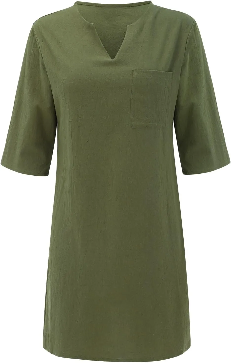 Womens 80% Cotton Dresses, 2024 Spring Summer Elegant Trendy V Neck 3/4 Sleeve Midi Dress, Casual Plain Beach Dress