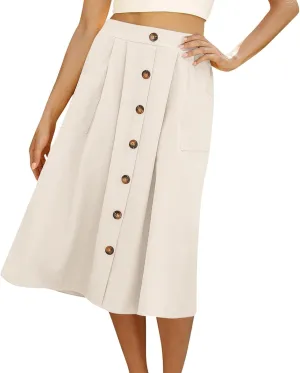 Womens A Line Midi Skirt Vintage Front Button Swing Skirts Summer High Waisted Pleated Midi Skirt with Pockets