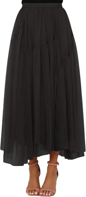 Women's A-Line Tulle Tutu Skirts Elastic High Waist Layered Maxi Tulle Skirts