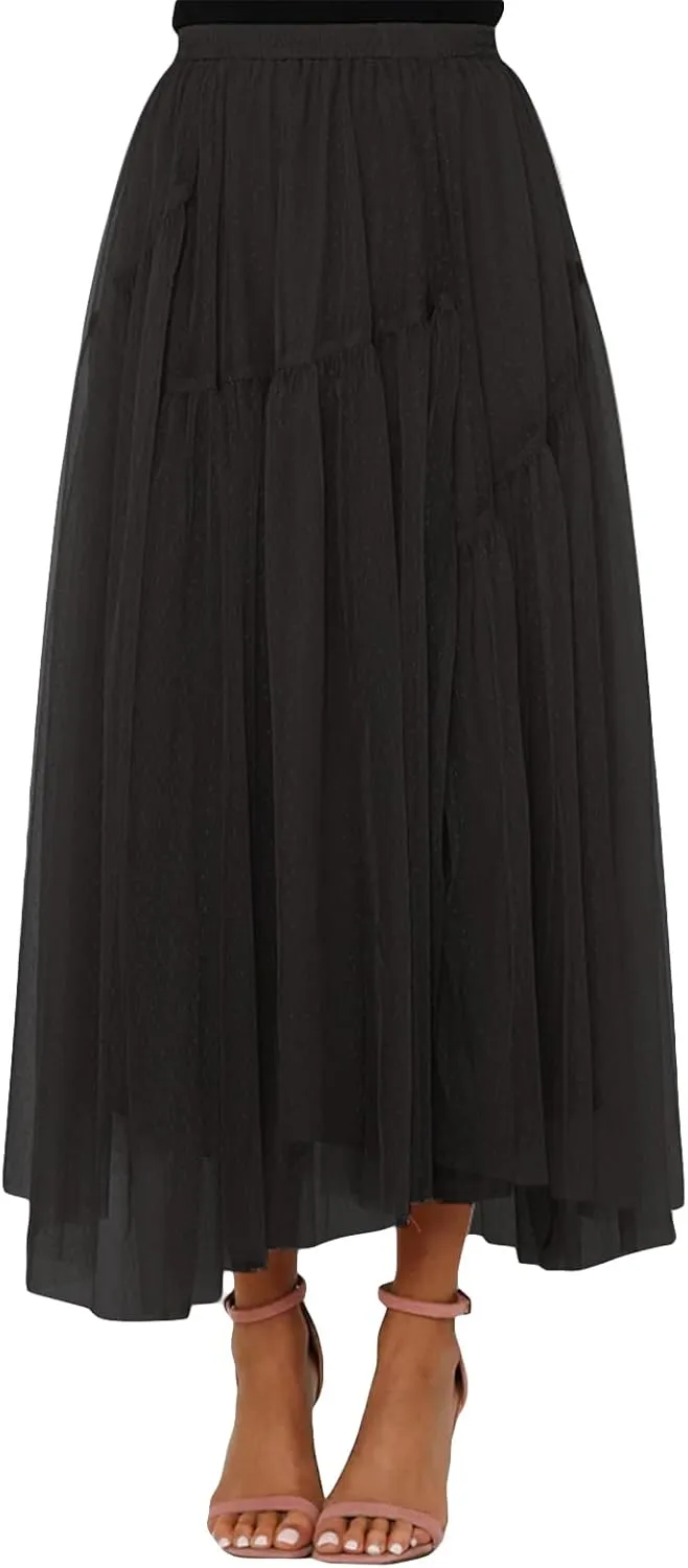 Women's A-Line Tulle Tutu Skirts Elastic High Waist Layered Maxi Tulle Skirts