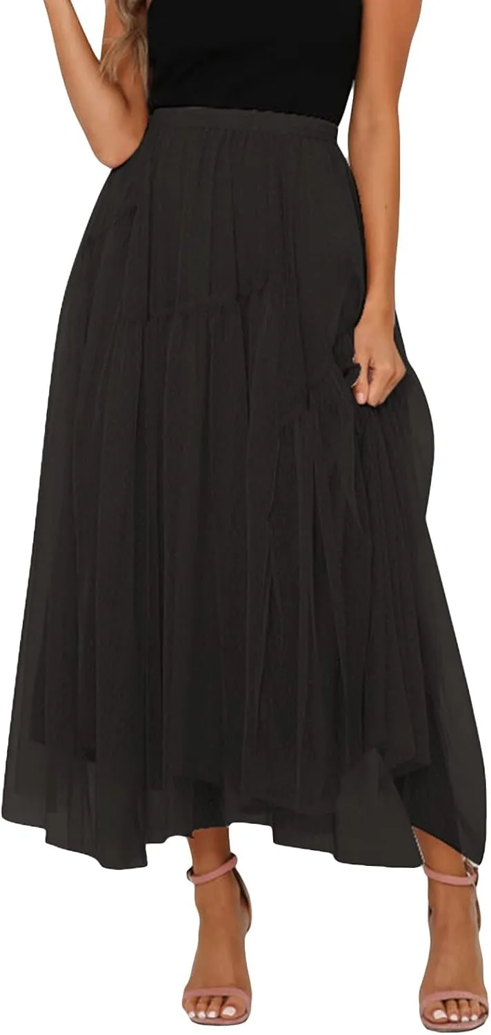 Women's A-Line Tulle Tutu Skirts Elastic High Waist Layered Maxi Tulle Skirts