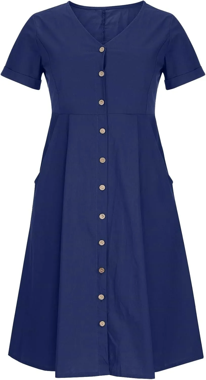 Women's Beach Dress Summer Casual Loose Trendy Short Sleeve V-Neck Solid Button Linen Dresses 2025 Plus Size, S-5XL