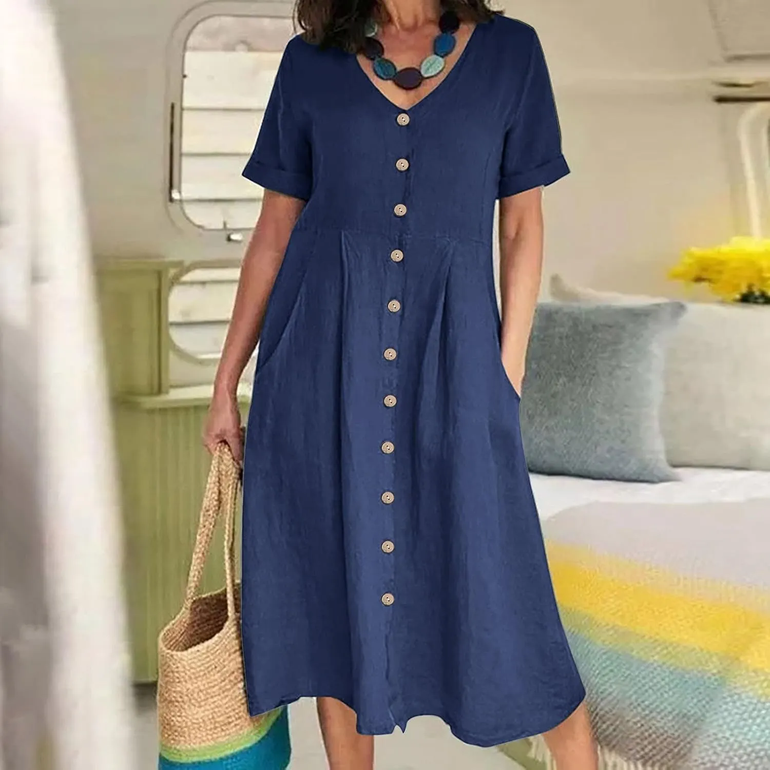 Women's Beach Dress Summer Casual Loose Trendy Short Sleeve V-Neck Solid Button Linen Dresses 2025 Plus Size, S-5XL
