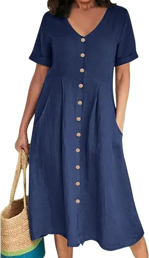 Women's Beach Dress Summer Casual Loose Trendy Short Sleeve V-Neck Solid Button Linen Dresses 2025 Plus Size, S-5XL