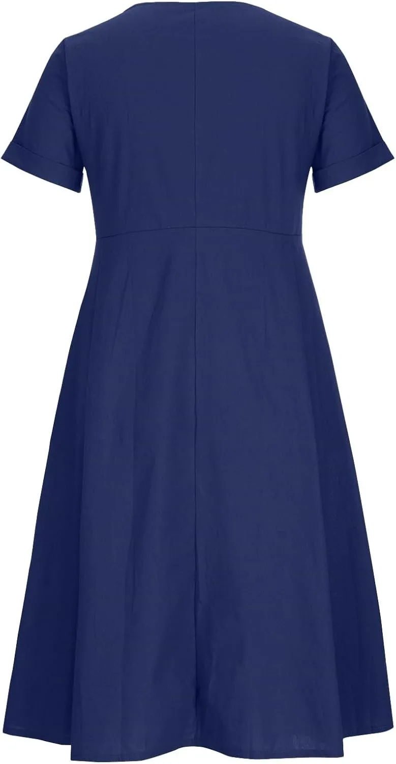Women's Beach Dress Summer Casual Loose Trendy Short Sleeve V-Neck Solid Button Linen Dresses 2025 Plus Size, S-5XL