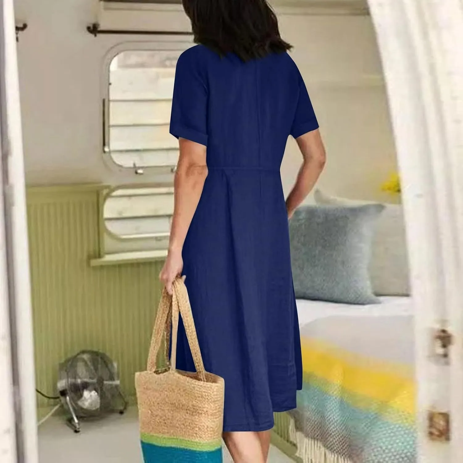 Women's Beach Dress Summer Casual Loose Trendy Short Sleeve V-Neck Solid Button Linen Dresses 2025 Plus Size, S-5XL