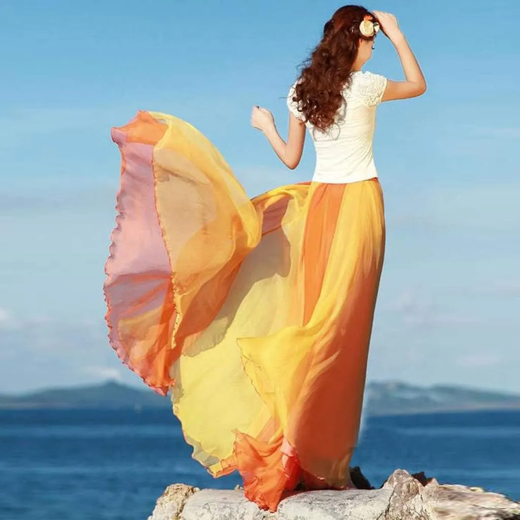 Women's Beach Maxi Skirts Elastic Waist Flowy Long Skirts Casual Lightweight Boho Chiffon Pleated A-Line Swing Skirts