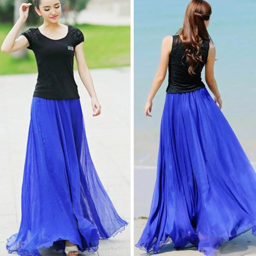 Women's Beach Maxi Skirts Elastic Waist Flowy Long Skirts Casual Lightweight Boho Chiffon Pleated A-Line Swing Skirts