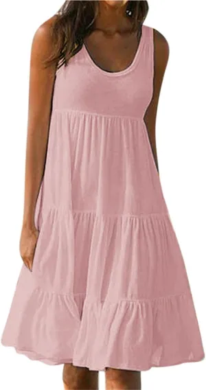 Women's Beach Vacation Clothes Summer Sundresses Casual Loose Trendy Sleeveless Solid Flowy Dress Plus Size, S-4XL