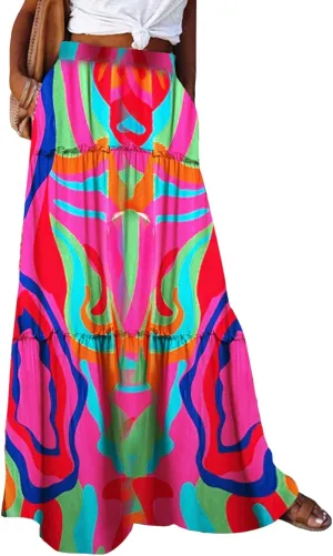 Women's Bohemian Maxi Skirts Vintage Elastic High Waist A-Line Skirts Tiered Boho Long Skirts with Pockets