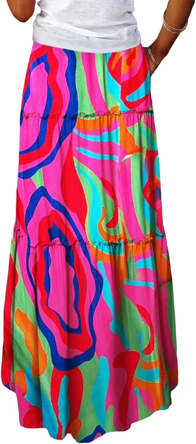 Women's Bohemian Maxi Skirts Vintage Elastic High Waist A-Line Skirts Tiered Boho Long Skirts with Pockets