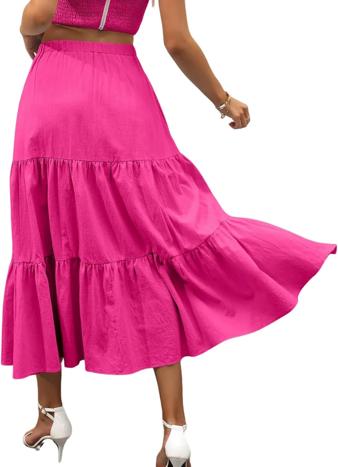 Womens Boho Bohemian Flowy Midi Long Summer Skirts Plus Size Elastic Waist Maxi Skirt Pleated Long Beach Dress
