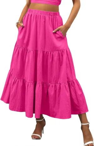 Womens Boho Bohemian Flowy Midi Long Summer Skirts Plus Size Elastic Waist Maxi Skirt Pleated Long Beach Dress