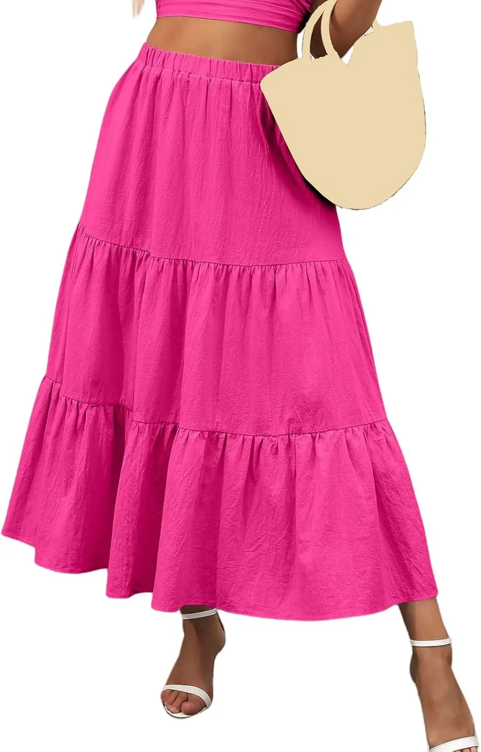 Womens Boho Bohemian Flowy Midi Long Summer Skirts Plus Size Elastic Waist Maxi Skirt Pleated Long Beach Dress