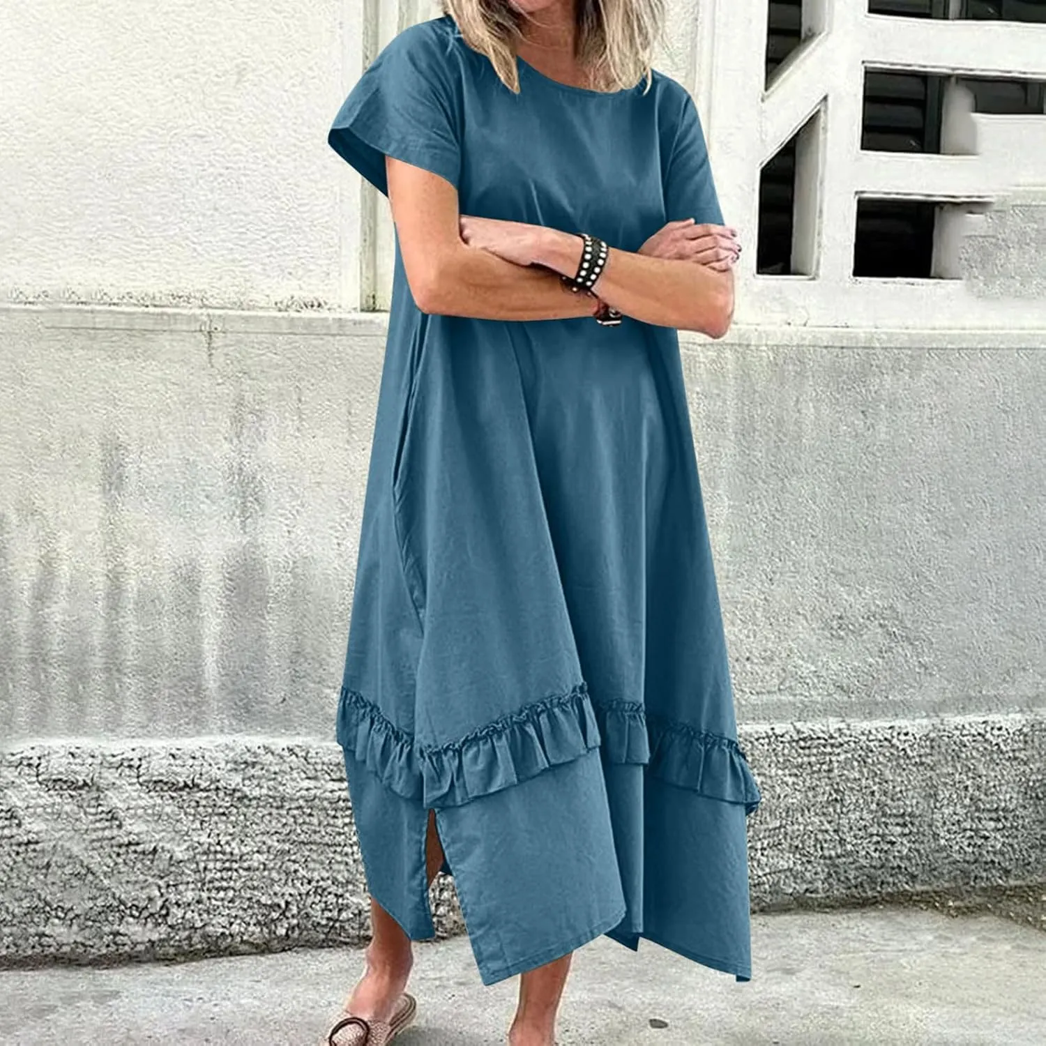 Womens Boho Floral Flowy Midi Dresses Casual Loose Summer Short Sleeve Beach Dress with Pockets Side Slit Spring Clothes 2025