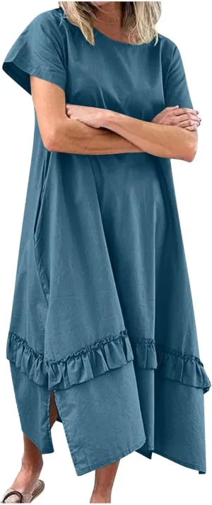 Womens Boho Floral Flowy Midi Dresses Casual Loose Summer Short Sleeve Beach Dress with Pockets Side Slit Spring Clothes 2025