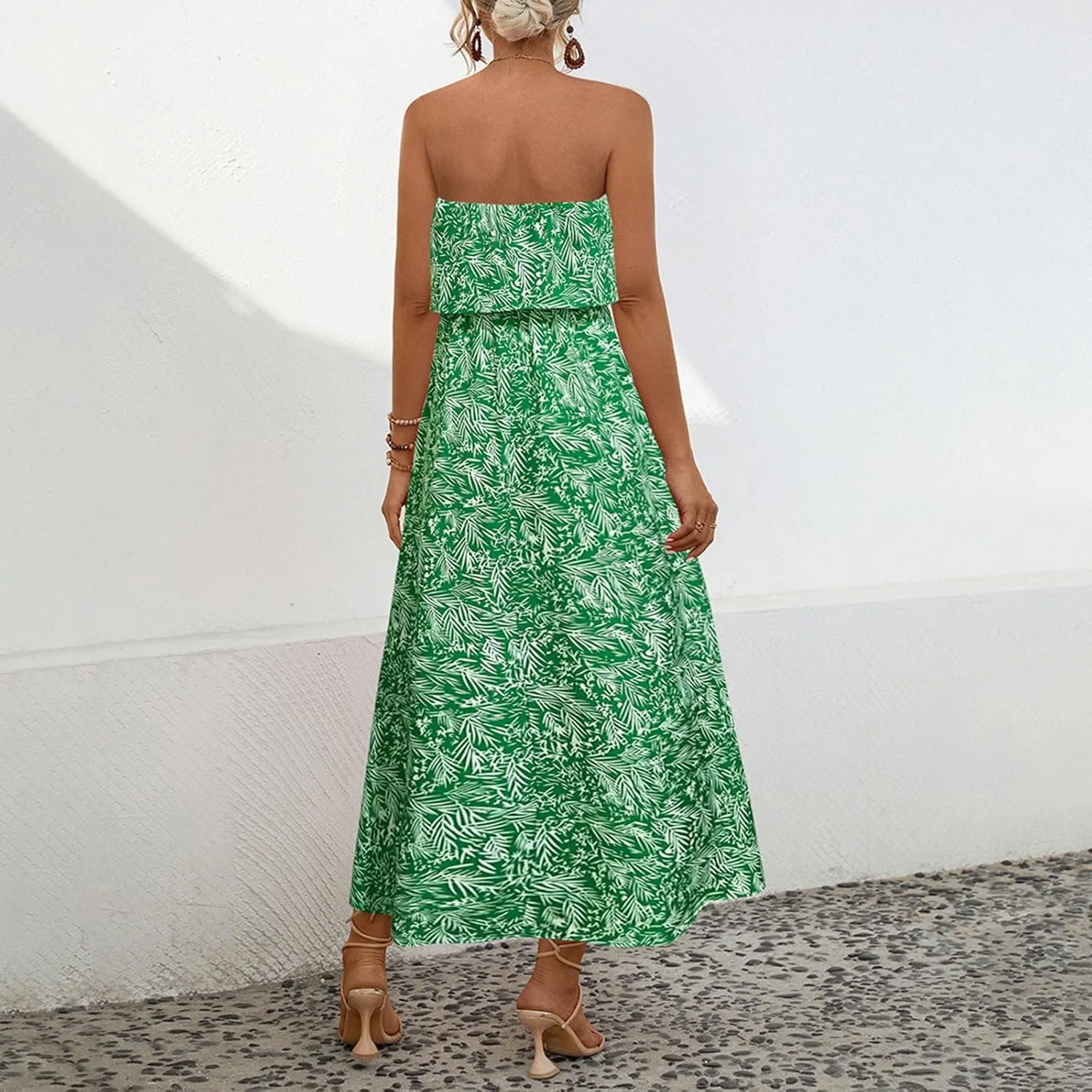 Women's Boho Floral Print Off Shoulder Split Long A Line Dress Floral Short Sleeve A Line Beach Vacation Dresses