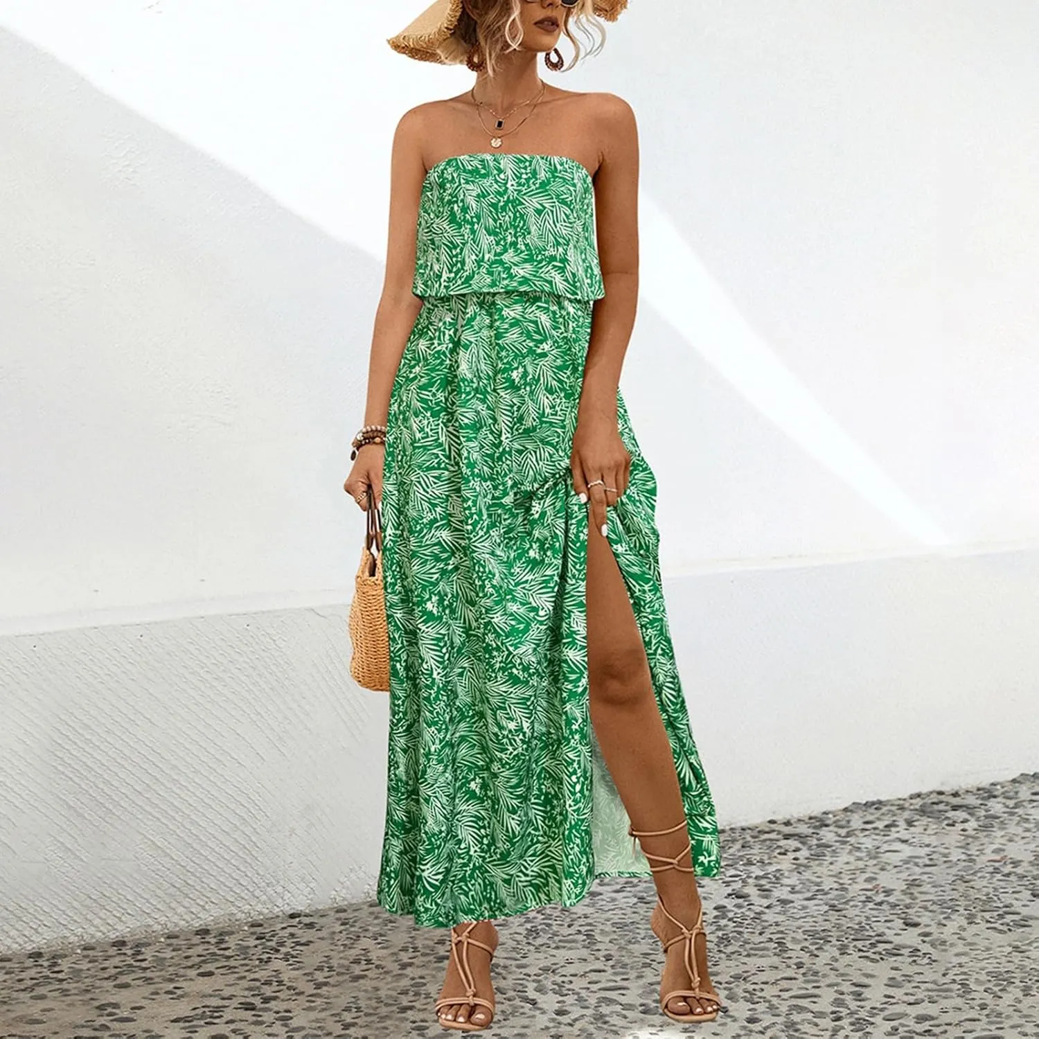 Women's Boho Floral Print Off Shoulder Split Long A Line Dress Floral Short Sleeve A Line Beach Vacation Dresses
