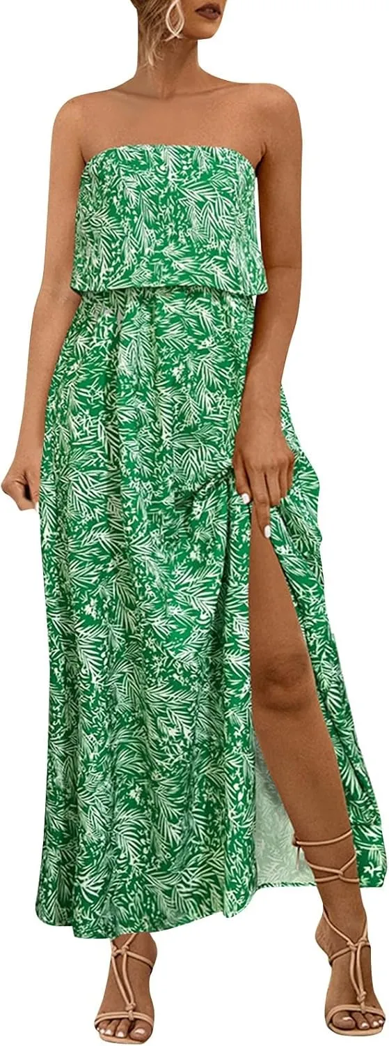Women's Boho Floral Print Off Shoulder Split Long A Line Dress Floral Short Sleeve A Line Beach Vacation Dresses