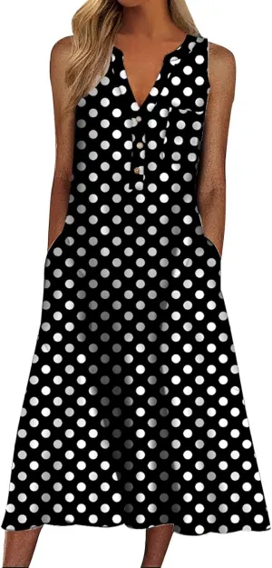 Women's Boho Floral Striped Polka Dot Tank Dress Summer V Neck Button Down Sleeveless Midi Dresses Casual Sundress