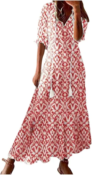 Womens Boho Flowy Maxi Dresses 2024 Summer V Neck Short Sleeve Bohemian Casual Beach Vacation Tropical Hawaiian Sundress