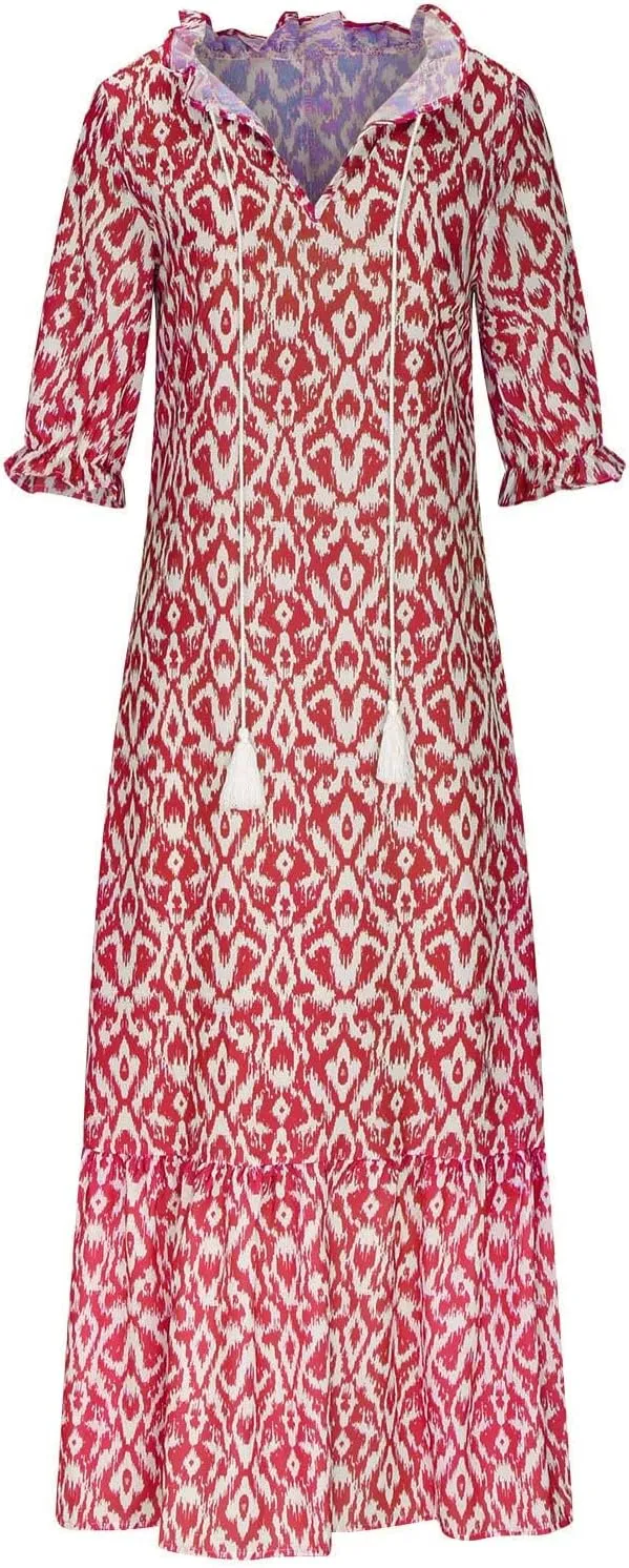 Womens Boho Flowy Maxi Dresses 2024 Summer V Neck Short Sleeve Bohemian Casual Beach Vacation Tropical Hawaiian Sundress