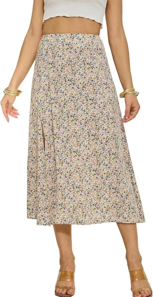 Womens Boho Leopard Print Skirts Pleated A Line Summer High Waisted Flowy Slit Midi Skirts Boho Floral Beach Skirt