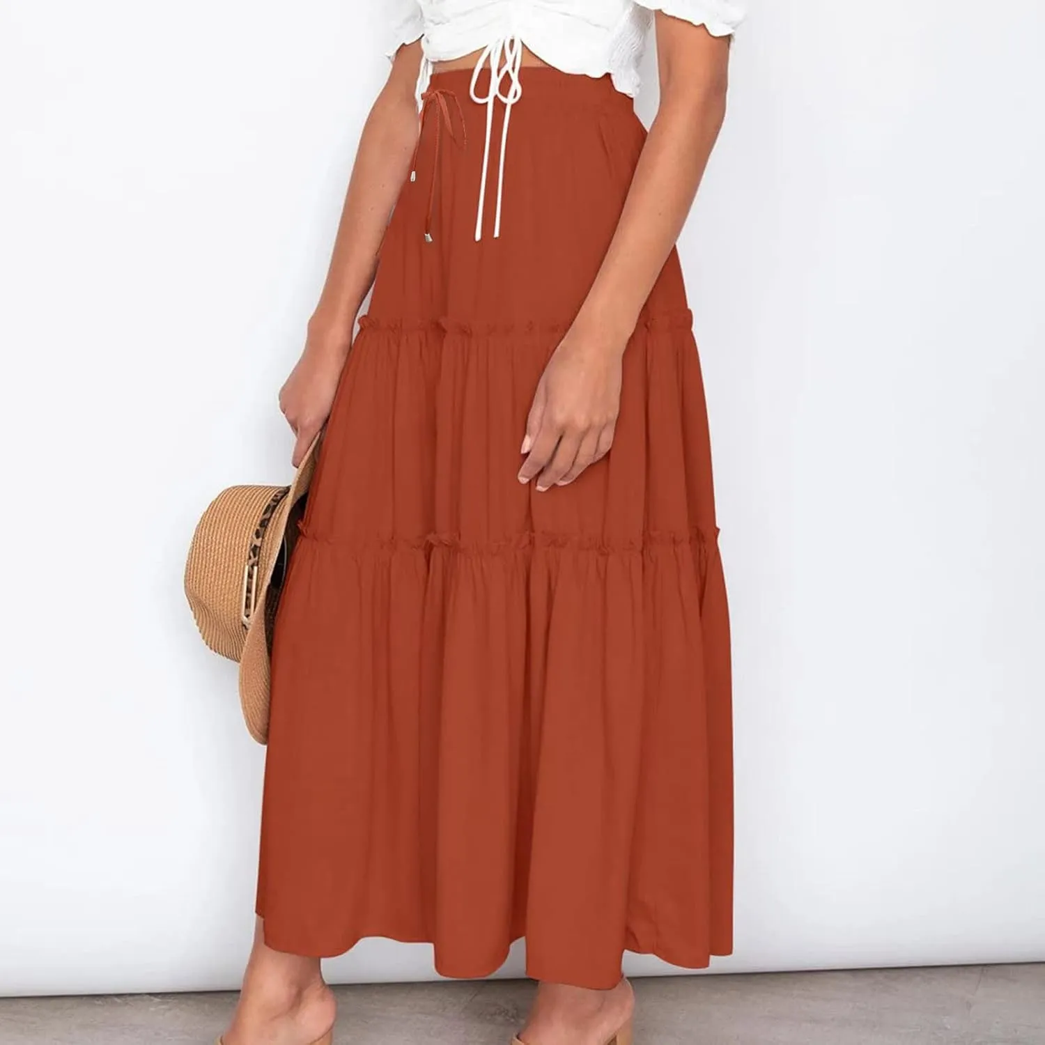 Women's Boho Long Skirts Summer Casual Ruffle Tiered Swing Beach Dress Drawstring Elastic Waist A-Line Maxi Skirt