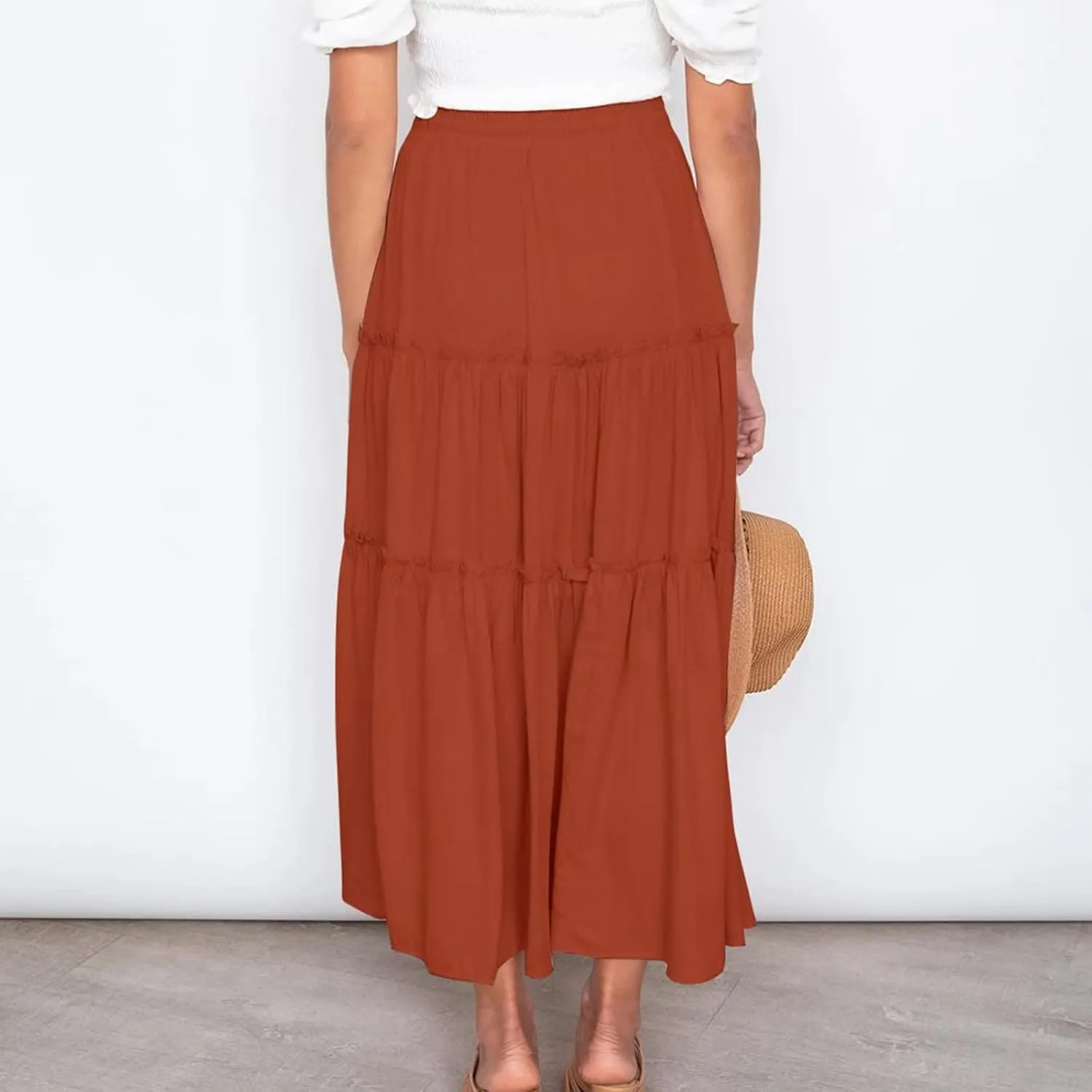 Women's Boho Long Skirts Summer Casual Ruffle Tiered Swing Beach Dress Drawstring Elastic Waist A-Line Maxi Skirt