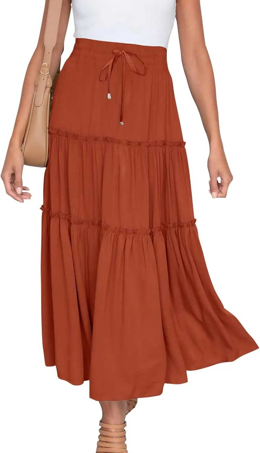Women's Boho Long Skirts Summer Casual Ruffle Tiered Swing Beach Dress Drawstring Elastic Waist A-Line Maxi Skirt