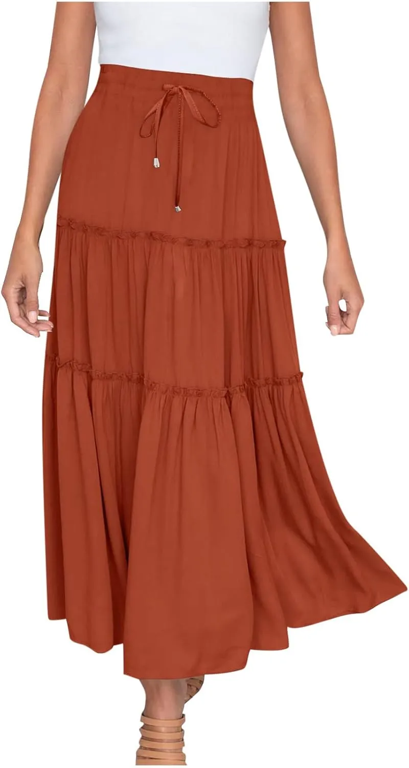 Women's Boho Long Skirts Summer Casual Ruffle Tiered Swing Beach Dress Drawstring Elastic Waist A-Line Maxi Skirt