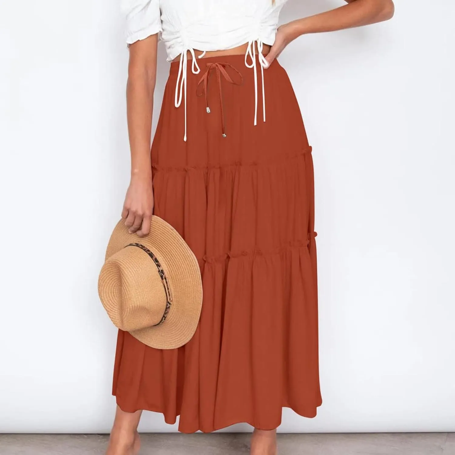 Women's Boho Long Skirts Summer Casual Ruffle Tiered Swing Beach Dress Drawstring Elastic Waist A-Line Maxi Skirt