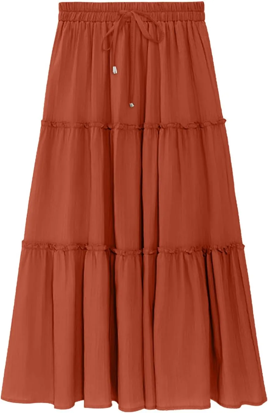 Women's Boho Long Skirts Summer Casual Ruffle Tiered Swing Beach Dress Drawstring Elastic Waist A-Line Maxi Skirt