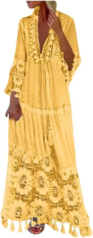 Women's Boho Maxi Dress Long Sleeve V Neck Flowy A Line Beach Sundress Lace Patchwork Elegant Summer Dresses