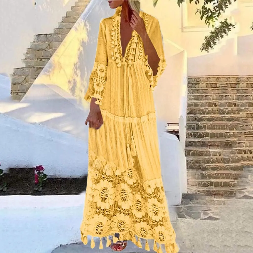 Women's Boho Maxi Dress Long Sleeve V Neck Flowy A Line Beach Sundress Lace Patchwork Elegant Summer Dresses