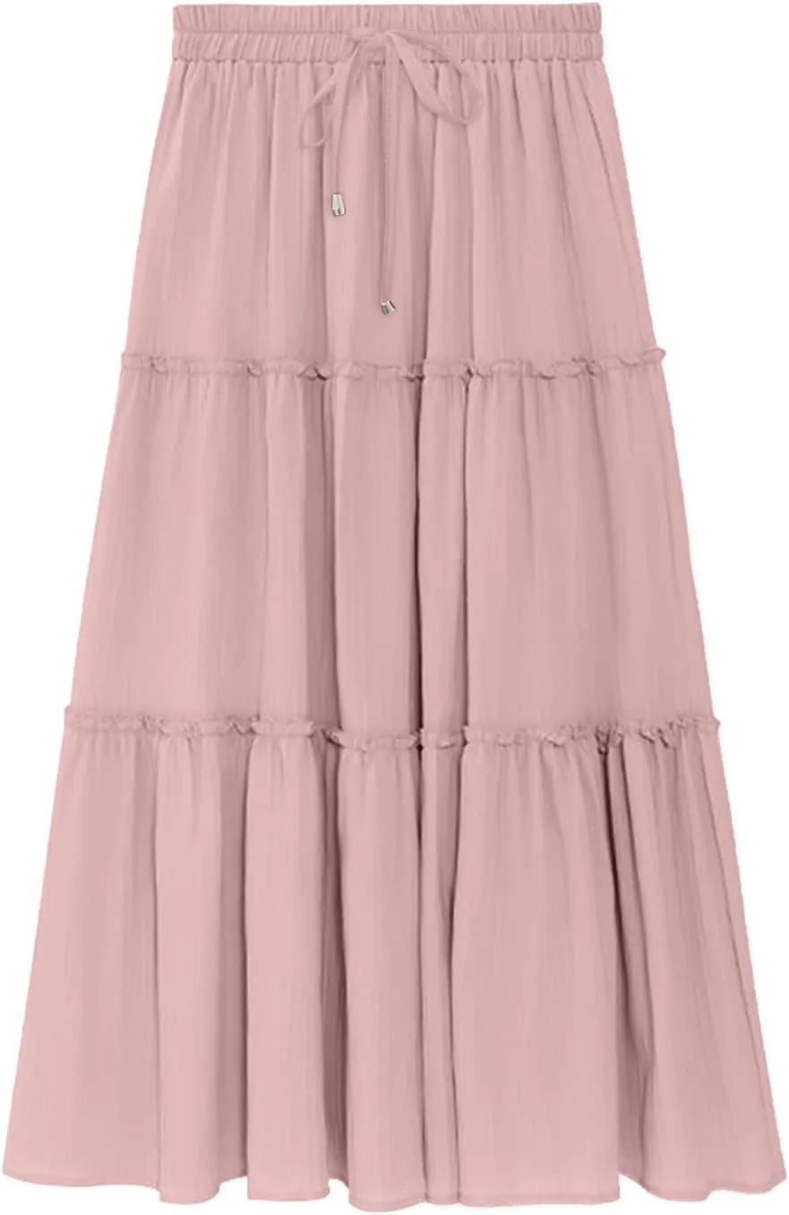 Womens Boho Maxi Skirt Elastic Waist A Line Ruffle Long Skirts Trendy Beach Midi Tiered Swing Skirts Flowy Skirt