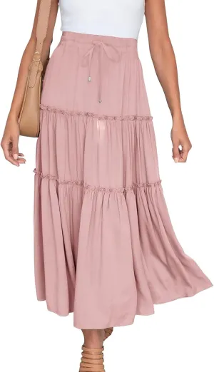 Womens Boho Maxi Skirt Elastic Waist A Line Ruffle Long Skirts Trendy Beach Midi Tiered Swing Skirts Flowy Skirt
