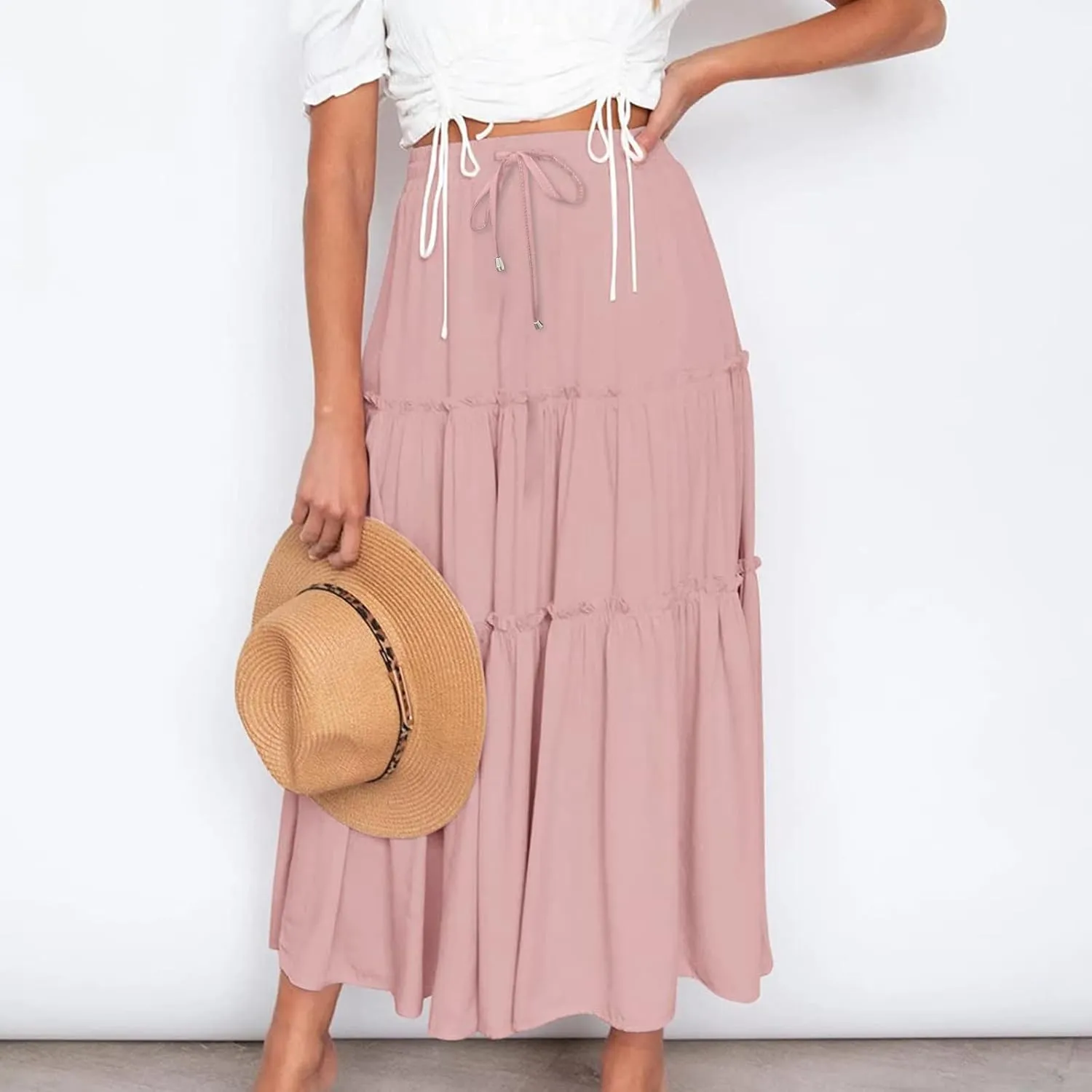 Womens Boho Maxi Skirt Elastic Waist A Line Ruffle Long Skirts Trendy Beach Midi Tiered Swing Skirts Flowy Skirt