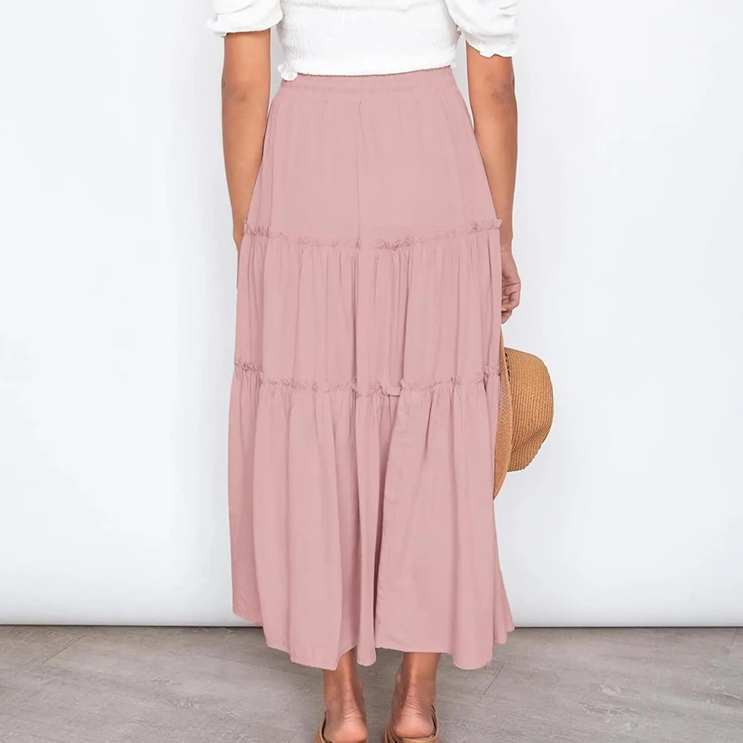 Womens Boho Maxi Skirt Elastic Waist A Line Ruffle Long Skirts Trendy Beach Midi Tiered Swing Skirts Flowy Skirt