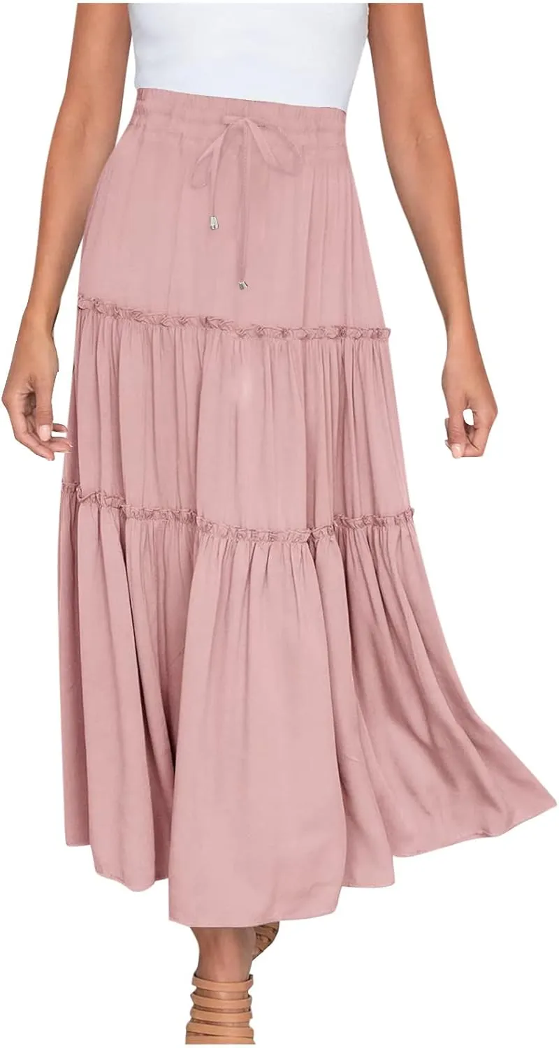 Womens Boho Maxi Skirt Elastic Waist A Line Ruffle Long Skirts Trendy Beach Midi Tiered Swing Skirts Flowy Skirt