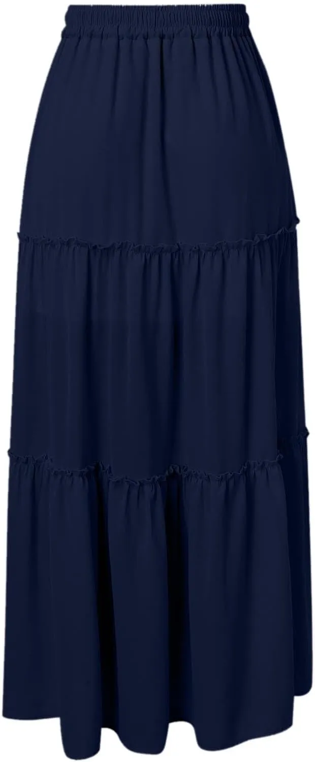 Womens Boho Skirt Elastic High Waist Pleated A-Line Flowy Swing Tiered Maxi Skirt 2025 Trendy Long Skirt Dress