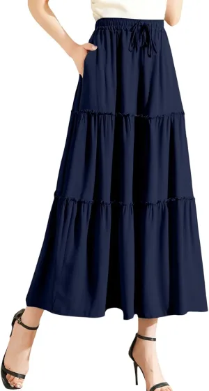 Womens Boho Skirt Elastic High Waist Pleated A-Line Flowy Swing Tiered Maxi Skirt 2025 Trendy Long Skirt Dress