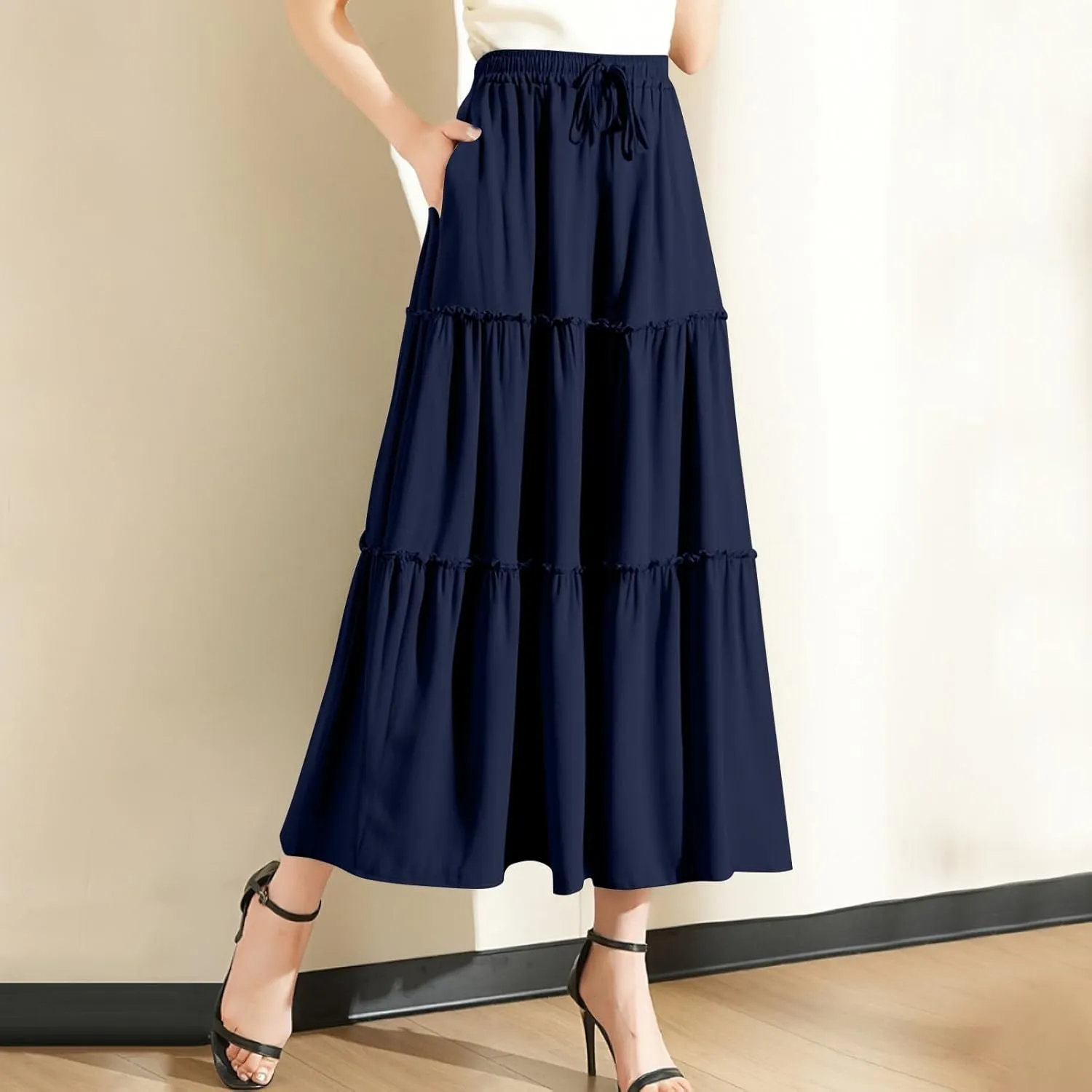 Womens Boho Skirt Elastic High Waist Pleated A-Line Flowy Swing Tiered Maxi Skirt 2025 Trendy Long Skirt Dress