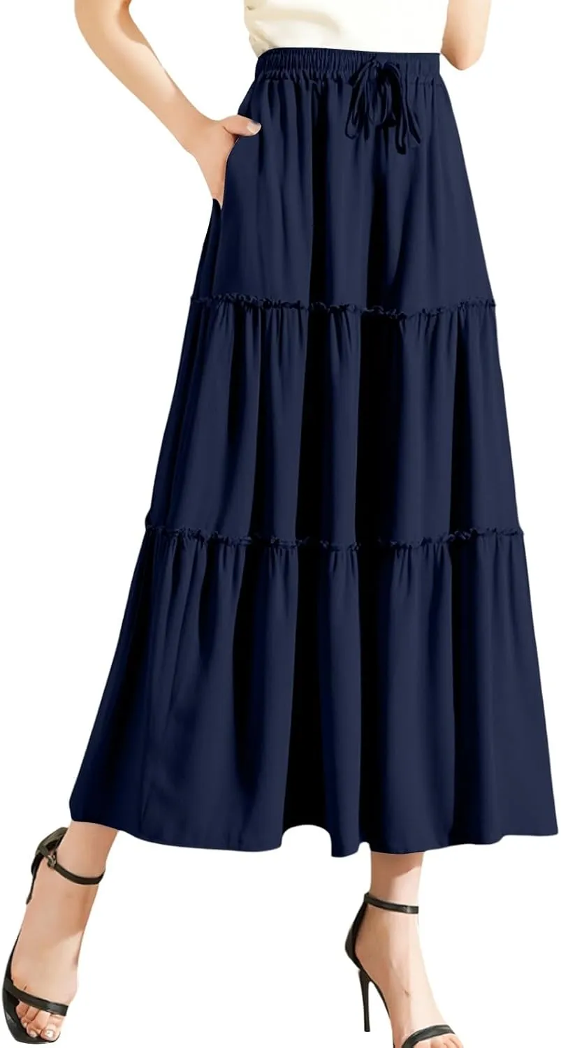 Womens Boho Skirt Elastic High Waist Pleated A-Line Flowy Swing Tiered Maxi Skirt 2025 Trendy Long Skirt Dress