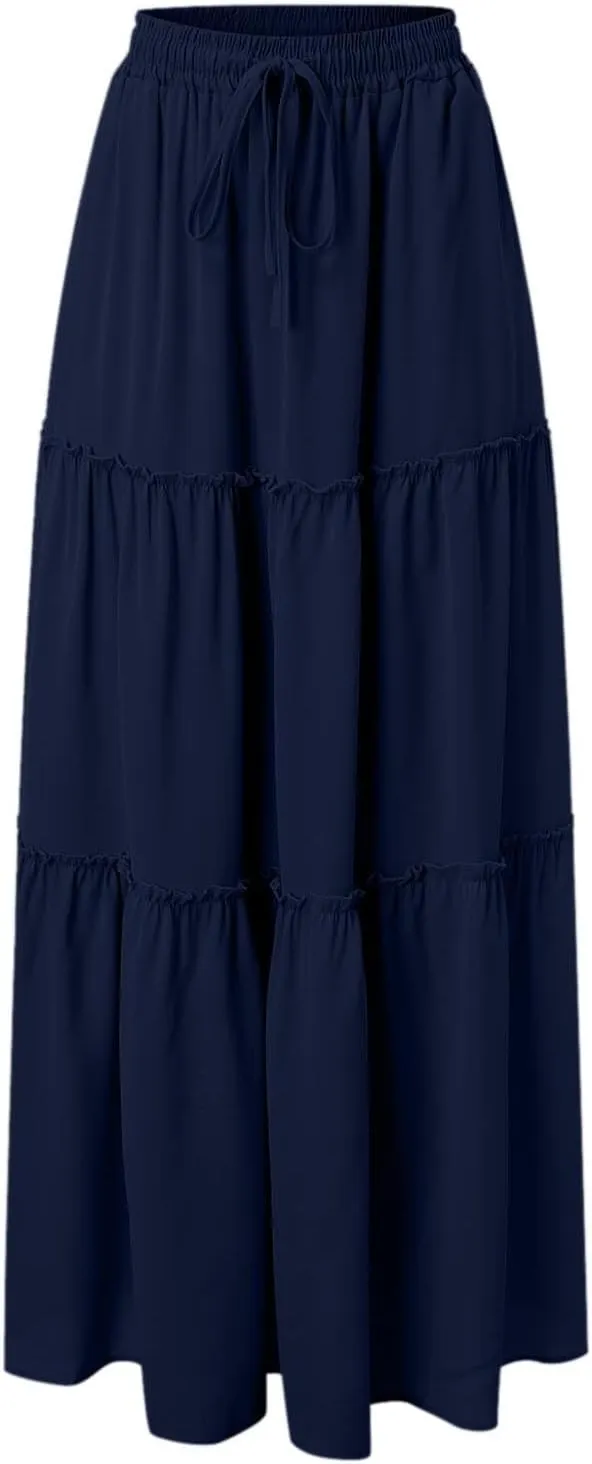 Womens Boho Skirt Elastic High Waist Pleated A-Line Flowy Swing Tiered Maxi Skirt 2025 Trendy Long Skirt Dress