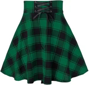 Women's Boho Skirt Summer Casual Loose Trendy Elastic High Waist Plaid Printed Pleated Sun Beach Skirts, S-2XL