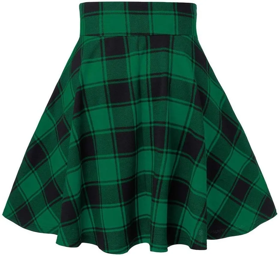 Women's Boho Skirt Summer Casual Loose Trendy Elastic High Waist Plaid Printed Pleated Sun Beach Skirts, S-2XL