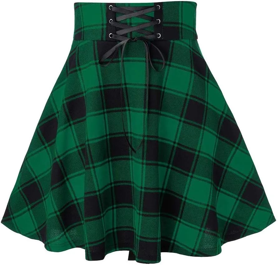 Women's Boho Skirt Summer Casual Loose Trendy Elastic High Waist Plaid Printed Pleated Sun Beach Skirts, S-2XL